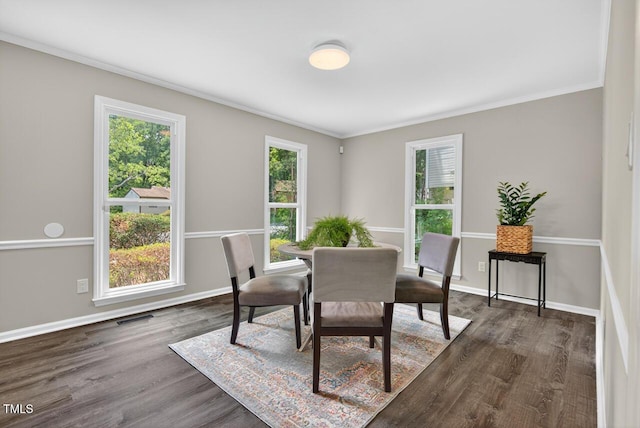 1500 Valley, Durham, NC 27707 - dining room featuring ornamental molding, dark wood-style floors, and healthy amount of natural light