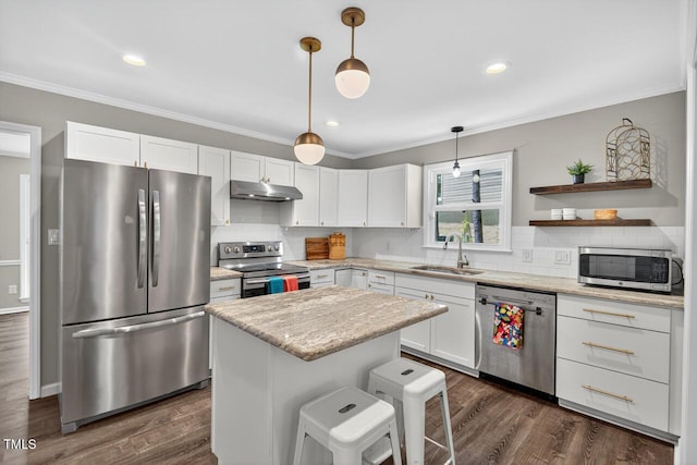 1500 Valley, Durham, NC 27707 - kitchen featuring stainless steel appliances, under cabinet range hood, white cabinetry, crown molding, and recessed lighting