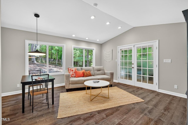 1500 Valley, Durham, NC 27707 - living area featuring dark wood finished floors, french doors, lofted ceiling, and recessed lighting