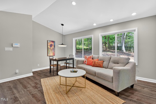 1500 Valley, Durham, NC 27707 - living area featuring dark wood finished floors, recessed lighting, and lofted ceiling