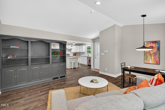 1500 Valley, Durham, NC 27707 - living room featuring lofted ceiling, dark wood-style flooring, and recessed lighting