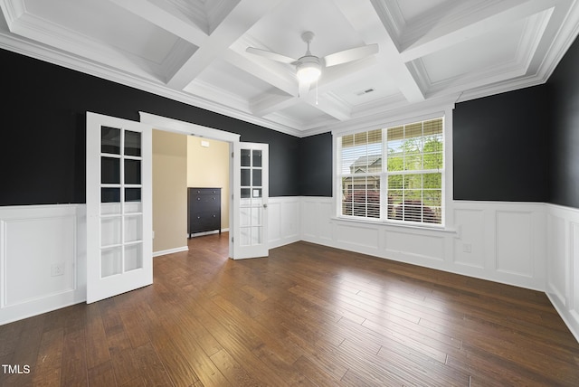 spare room with a ceiling fan, wainscoting, coffered ceiling, french doors, and beam ceiling