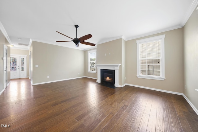 unfurnished living room featuring a fireplace with flush hearth, baseboards, a ceiling fan, and dark wood finished floors
