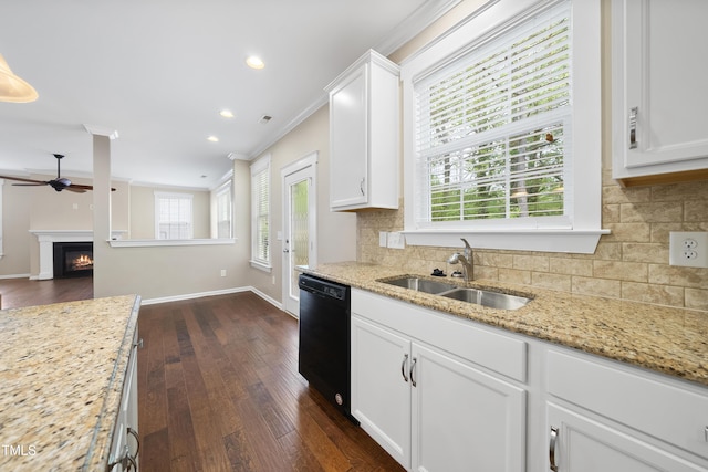 kitchen with crown molding, ceiling fan, a healthy amount of sunlight, dishwasher, and a sink