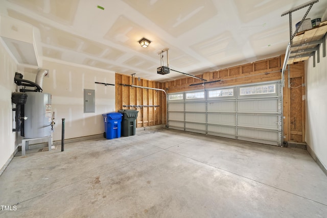 garage with electric panel, a garage door opener, and gas water heater