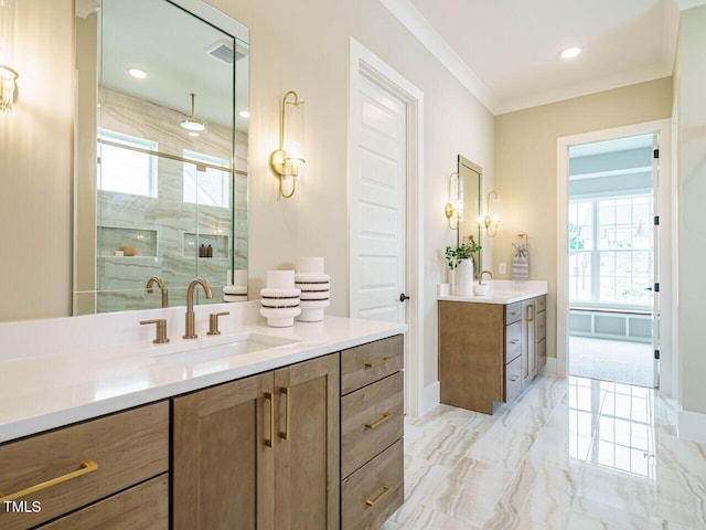 921 Lily Claire Ln, Fuquay Varina, NC 27526 - full bathroom featuring vanity, a marble finish shower, and crown molding