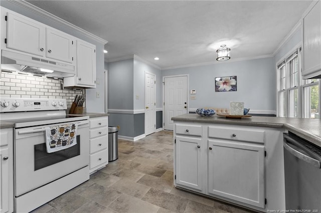 7783 Trappers Rd, Fayetteville, NC 28311 - kitchen with white electric range, recessed lighting, under cabinet range hood, dishwasher, and backsplash