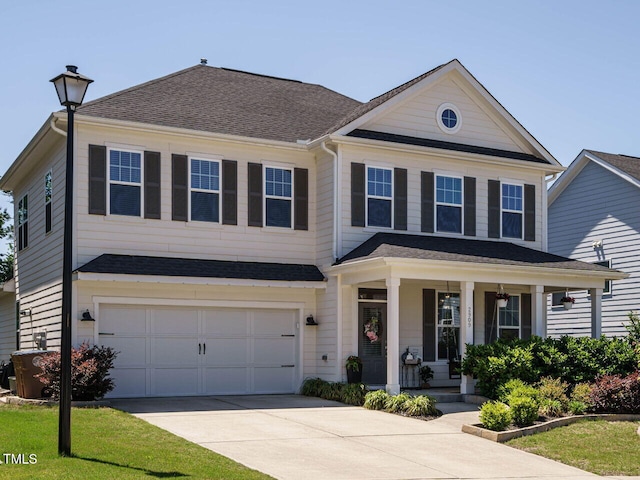 view of front of home featuring a porch, an attached garage, and driveway