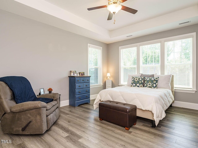 bedroom with wood finished floors, baseboards, and a raised ceiling