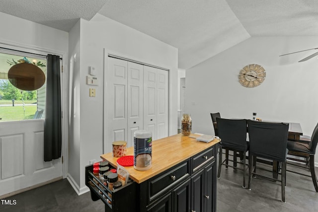 dining room featuring a textured ceiling, a ceiling fan, and lofted ceiling