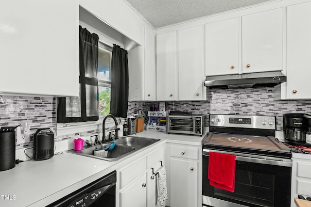 kitchen featuring stainless steel electric range oven, white cabinetry, under cabinet range hood, a sink, and a toaster