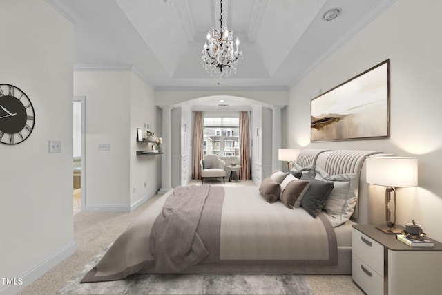 bedroom with a tray ceiling, baseboards, decorative columns, arched walkways, and light carpet