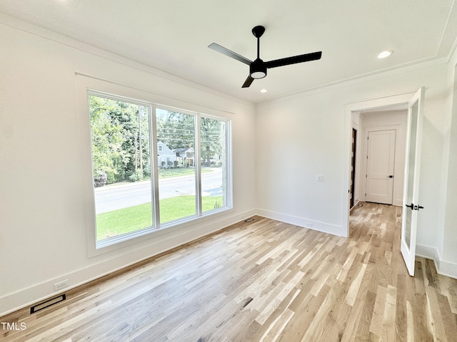 622 Glascock St, Raleigh, NC 27604 - empty room featuring ornamental molding, light wood-style flooring, ceiling fan, and recessed lighting