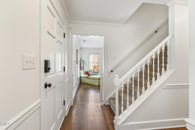 105 Cavendish Dr, Cary, NC 27513 - foyer entrance with stairs, ornamental molding, and dark wood-type flooring