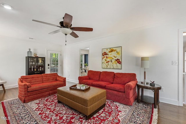 105 Cavendish Dr, Cary, NC 27513 - living room with baseboards, wood finished floors, ceiling fan, and crown molding