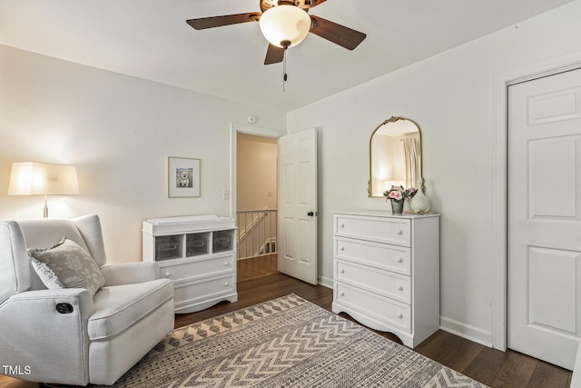 105 Cavendish Dr, Cary, NC 27513 - bedroom with dark wood-style flooring, baseboards, and ceiling fan