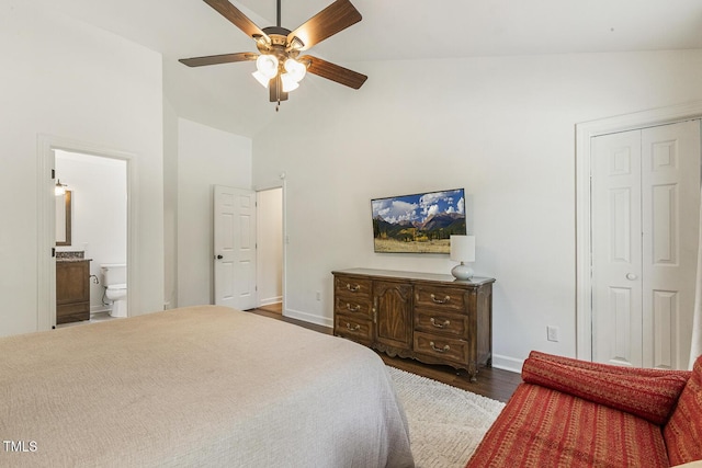 105 Cavendish Dr, Cary, NC 27513 - bedroom featuring wood finished floors, baseboards, high vaulted ceiling, ensuite bathroom, and a ceiling fan