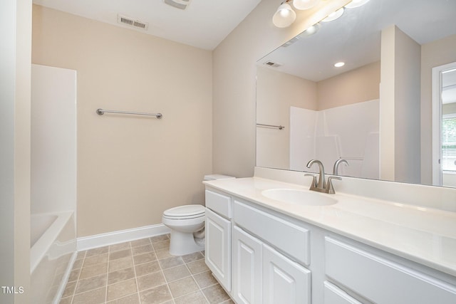 bathroom with a shower, toilet, baseboards, and vanity