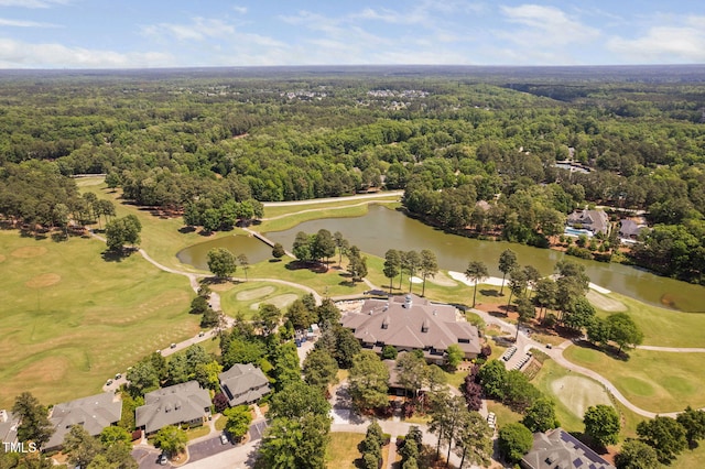 aerial view with a water view, a residential view, golf course view, and a wooded view