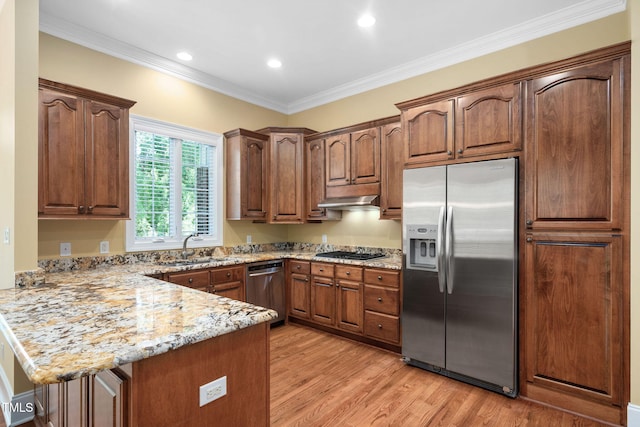 kitchen featuring appliances with stainless steel finishes, a sink, a peninsula, light wood-type flooring, and under cabinet range hood