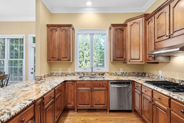 kitchen with crown molding, light stone countertops, a sink, light wood-style flooring, and stainless steel appliances