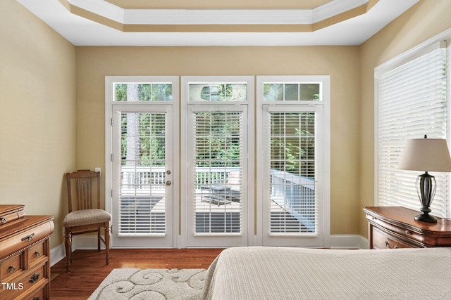 bedroom with access to outside, baseboards, wood finished floors, a tray ceiling, and ornamental molding