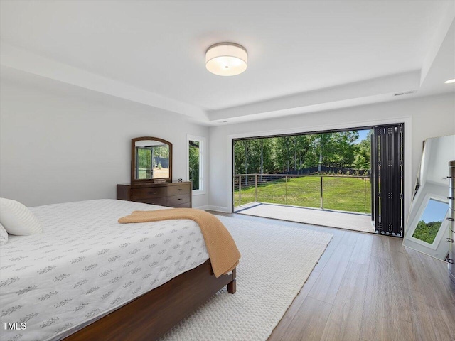 bedroom with a tray ceiling and wood finished floors