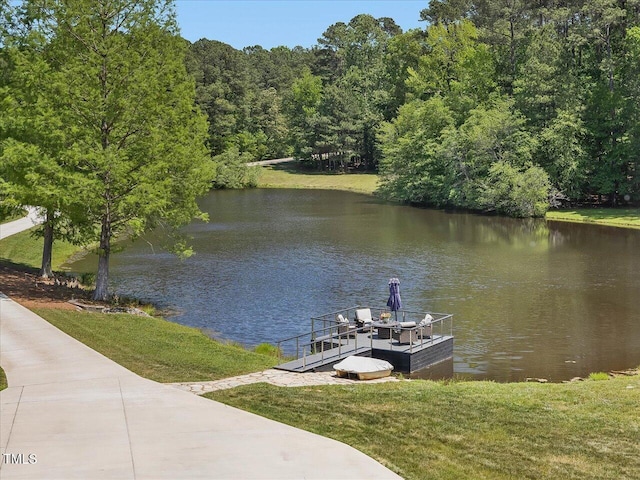 dock area with a water view and a yard