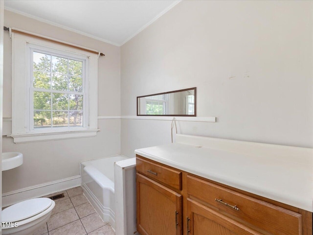 full bathroom with crown molding, toilet, tile patterned floors, visible vents, and a bath