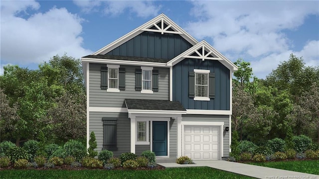 view of front of house with a garage, board and batten siding, and a shingled roof