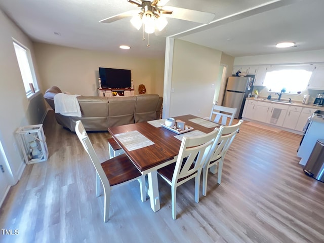 dining room with light wood-style floors and a ceiling fan