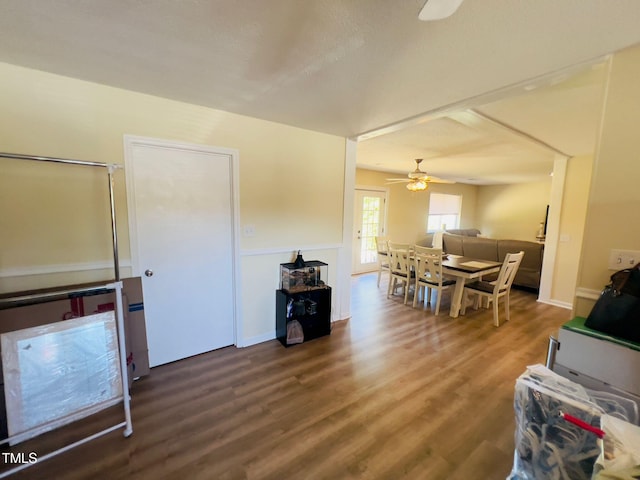living area with a ceiling fan and wood finished floors