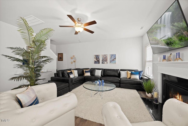 living room featuring ceiling fan, a lit fireplace, visible vents, and wood finished floors
