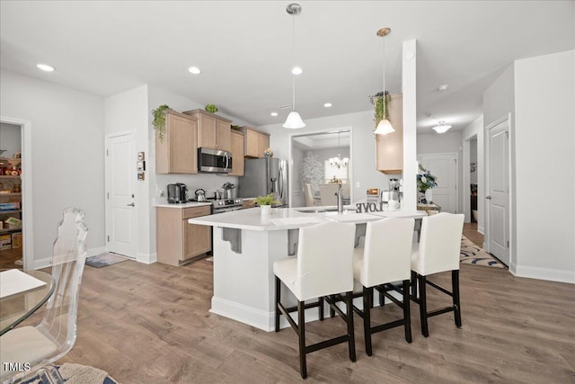 kitchen featuring light wood-style floors, a kitchen bar, a peninsula, and stainless steel appliances
