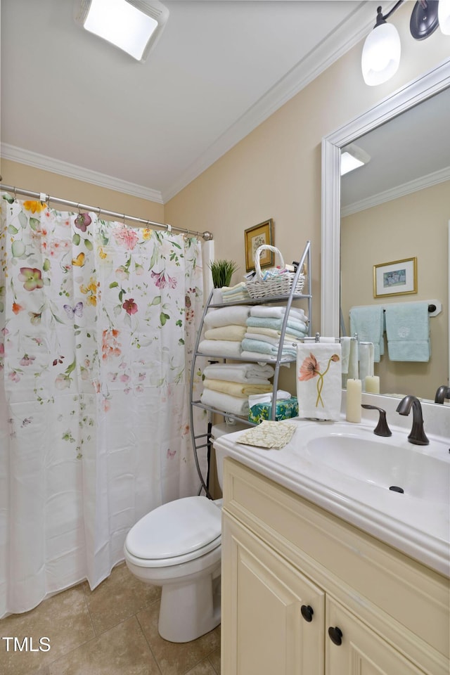 bathroom featuring vanity, toilet, ornamental molding, tile patterned flooring, and a shower with shower curtain