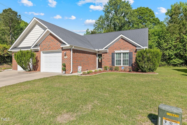 view of front of house featuring brick siding, an attached garage, a front lawn, and driveway