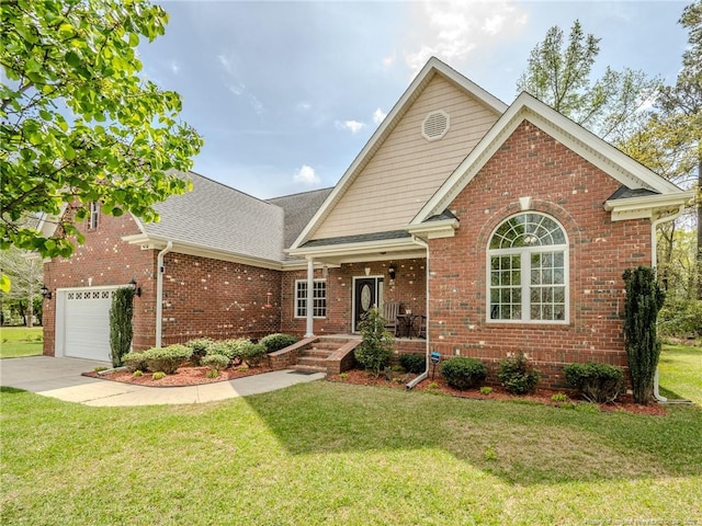 single story home featuring brick siding, a shingled roof, an attached garage, and a front yard