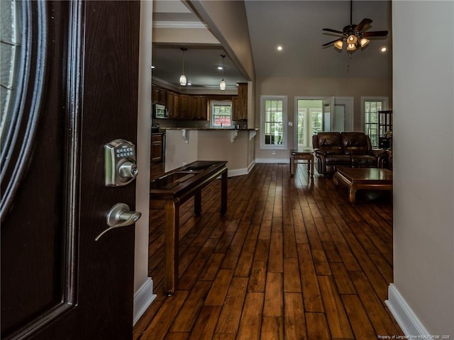 interior space with dark wood-style flooring, baseboards, recessed lighting, and ceiling fan