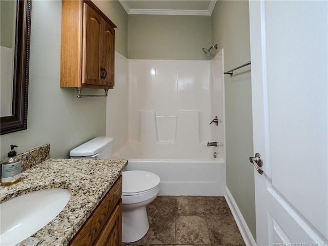 full bath with vanity, ornamental molding, tub / shower combination, toilet, and baseboards