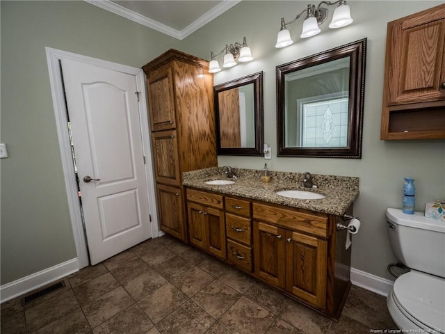 49 Alyssa Ct, Lumberton, NC 28360 - full bath featuring toilet, ornamental molding, baseboards, and double vanity