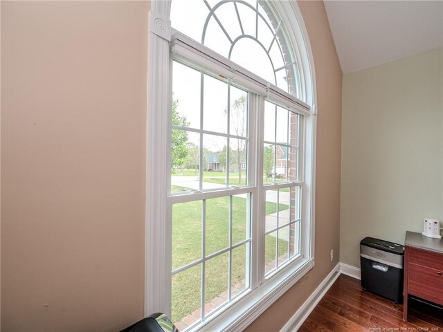 49 Alyssa Ct, Lumberton, NC 28360 - home office featuring dark wood-style flooring, baseboards, and vaulted ceiling
