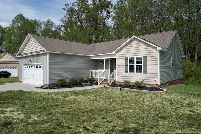single story home featuring crawl space, covered porch, a front lawn, an attached garage, and a shingled roof