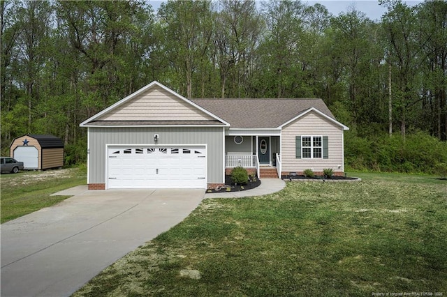 ranch-style house with covered porch, a front yard, an attached garage, a shingled roof, and concrete driveway