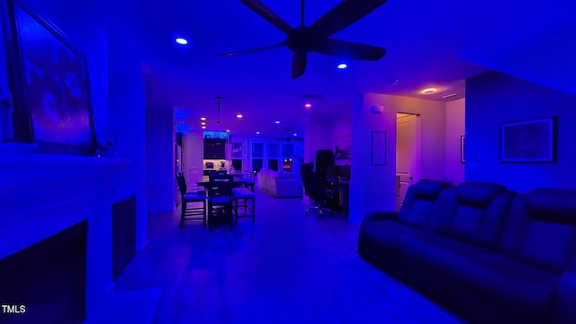 cinema room featuring recessed lighting and a ceiling fan