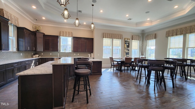 kitchen with a center island, a tray ceiling, and a wealth of natural light