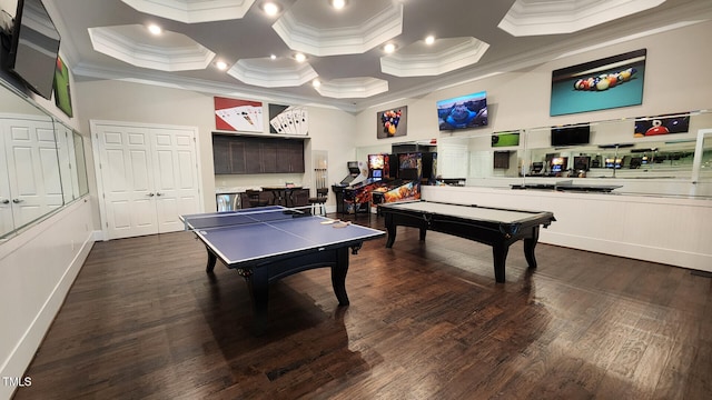 rec room with crown molding, wood finished floors, baseboards, pool table, and coffered ceiling