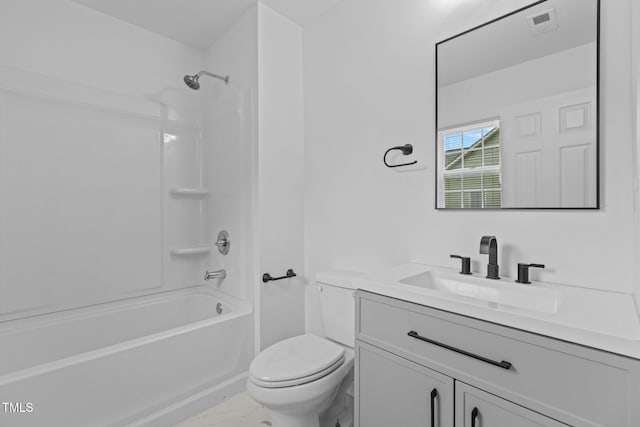full bath with bathtub / shower combination, vanity, toilet, marble finish floor, and visible vents