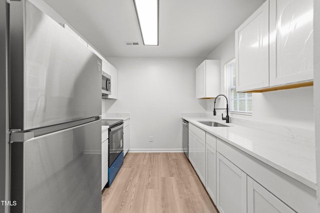 kitchen featuring a sink, stainless steel appliances, white cabinetry, light wood-type flooring, and visible vents