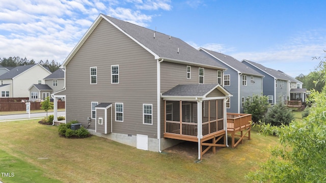 3700 Horton Hill Dr, New Hill, NC 27562 - rear view of property with a sunroom, a lawn, a residential view, crawl space, and roof with shingles