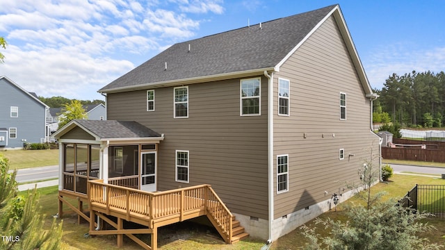 3700 Horton Hill Dr, New Hill, NC 27562 - back of house featuring crawl space, a sunroom, a wooden deck, fence, and roof with shingles